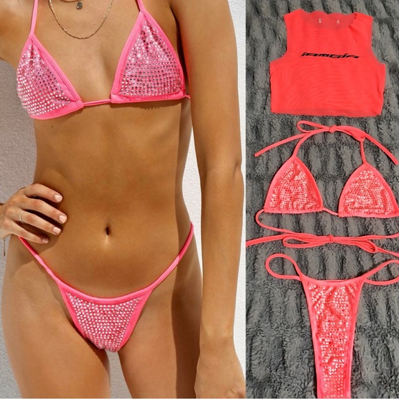 I.AM.GIA 3 Piece Set - Hot Pink Candy Kora Thong Bikini with Mesh Kiera Tank - Picture 8 of 17